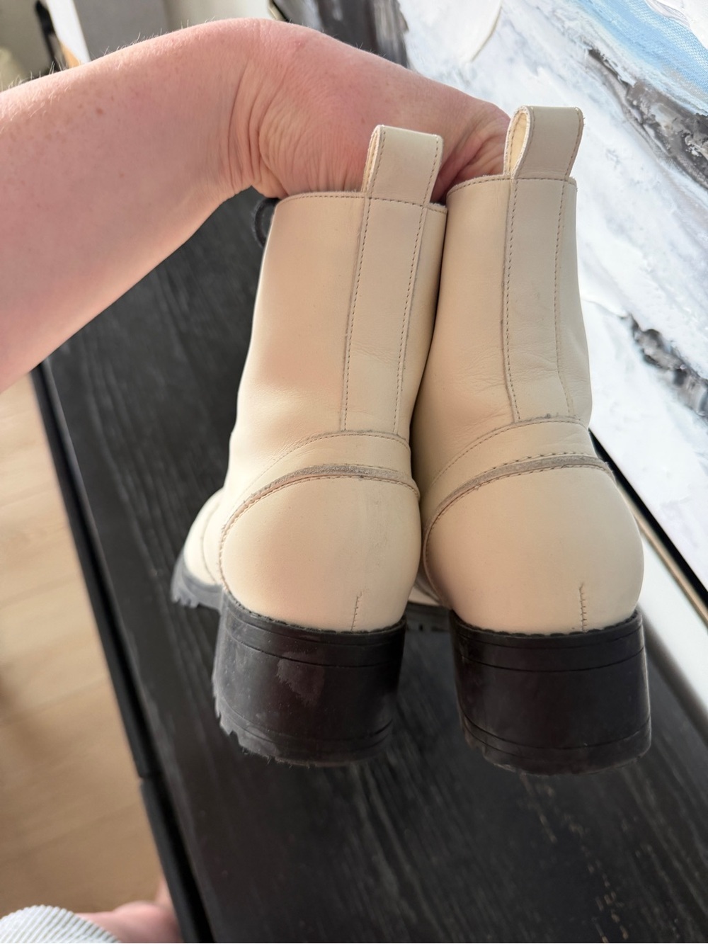 Cole Haan has Leather Cream Combat Boots with Black Laces - Picture 5 of 8